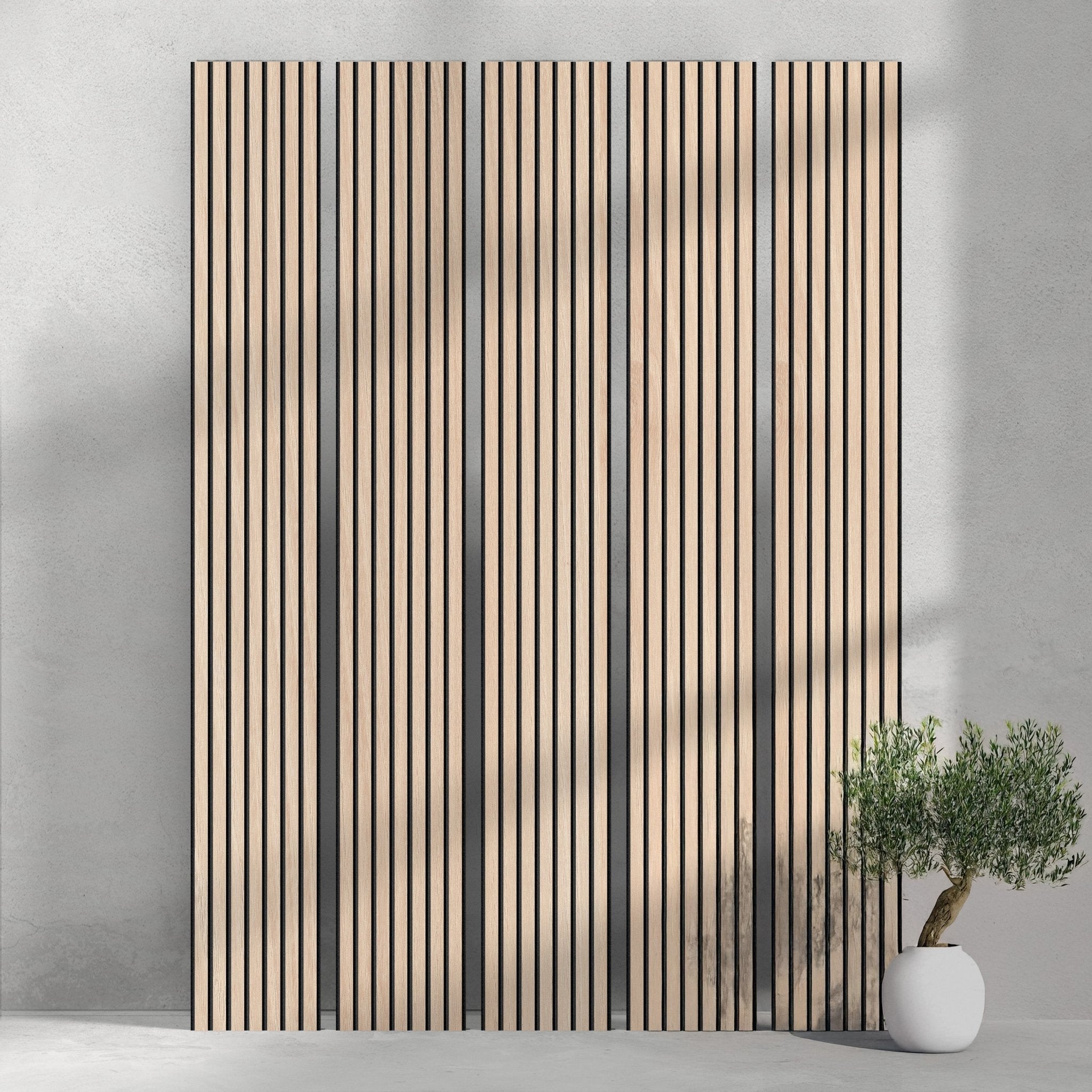 118" Tall ULTRALIGHT Flexible Lightweight White Oak Acoustic Wood Slat Wall Panels with Black Felt Backing