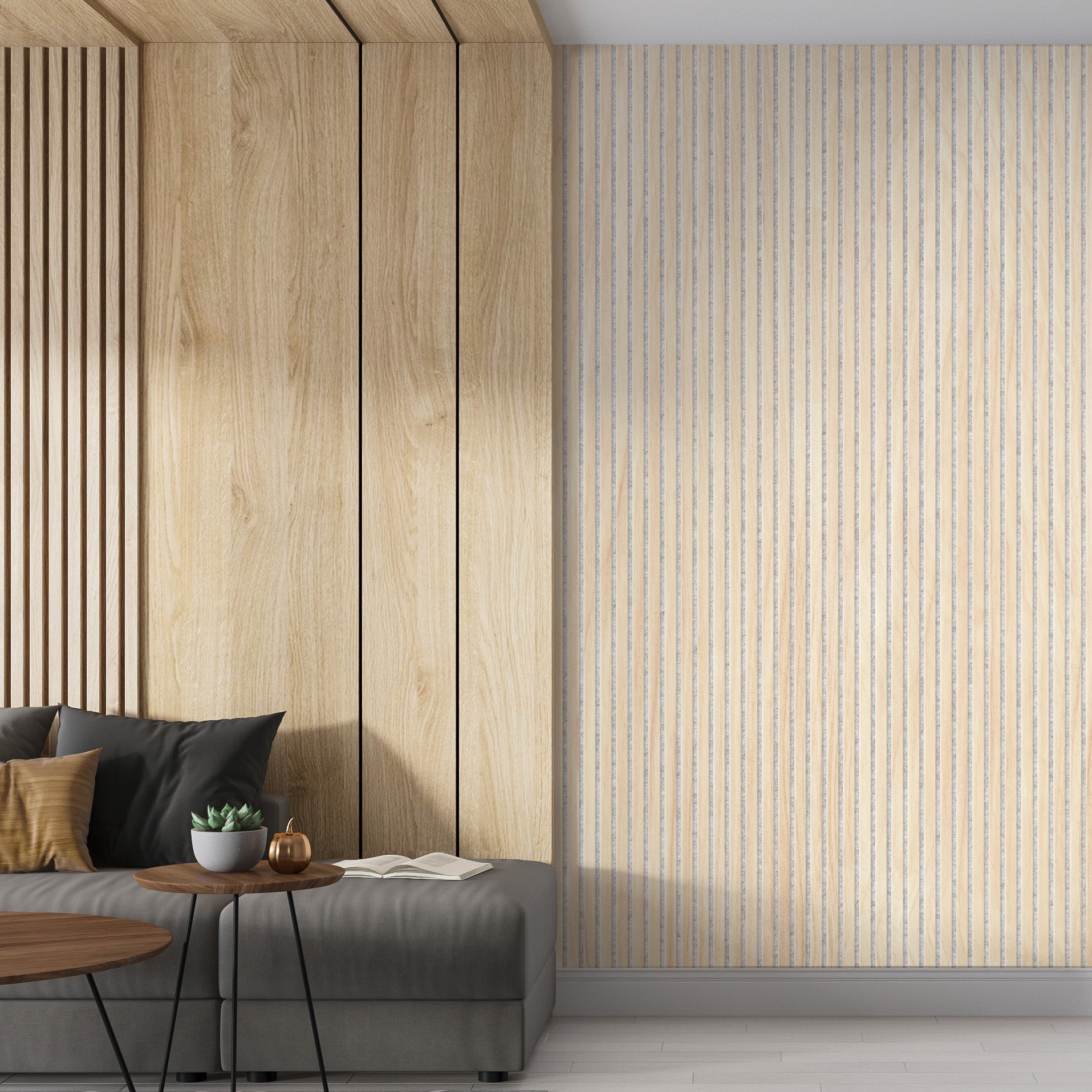 106" ULTRALIGHT Flexible Lightweight White Oak Acoustic Wood Slat Wall Panels with Grey Felt Backing