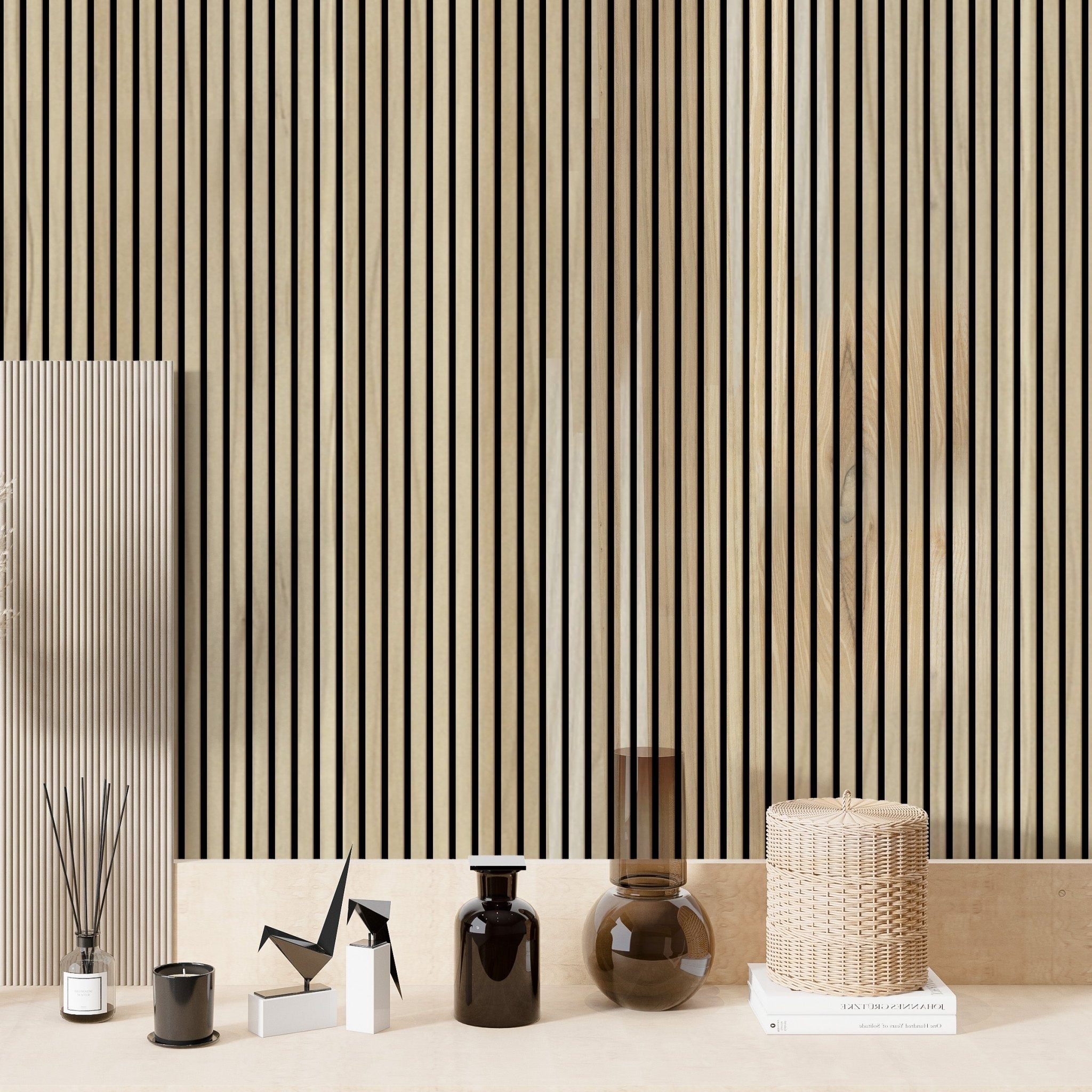White Ash 100% Solid Acoustic Wood Slat Wall Panels with Black Felt Backing
