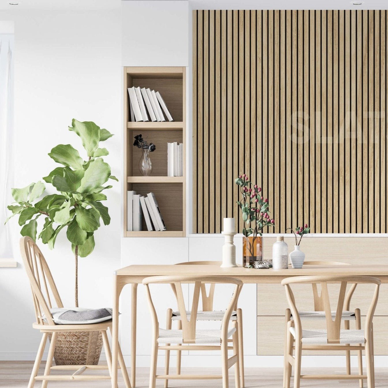White Oak Acoustic Wood Slat Wall Tiles with Black Felt Backing