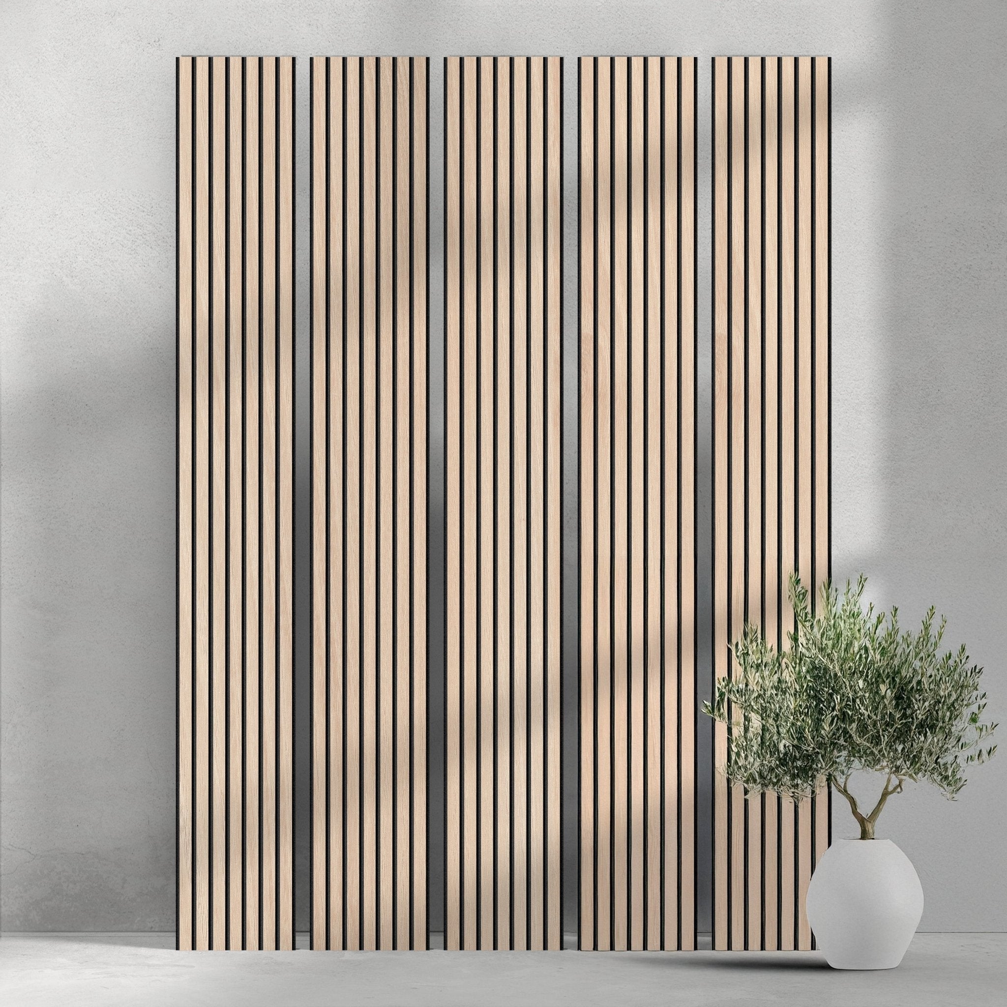 106" Tall ULTRALIGHT Flexible Lightweight White Oak Acoustic Wood Slat Wall Panels with Black Felt Backing