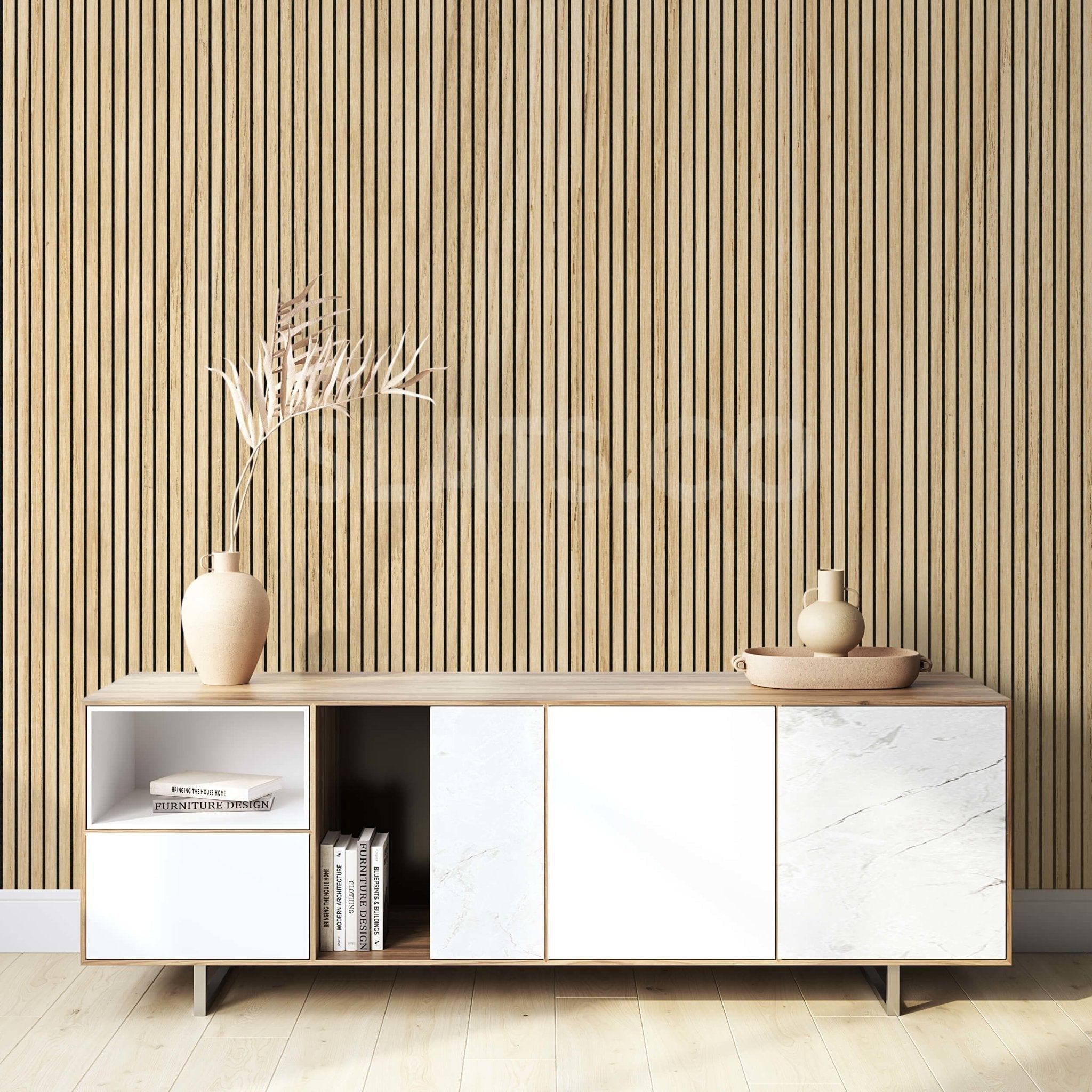 106" Tall ULTRALIGHT Flexible Lightweight White Oak Acoustic Wood Slat Wall Panels with Black Felt Backing