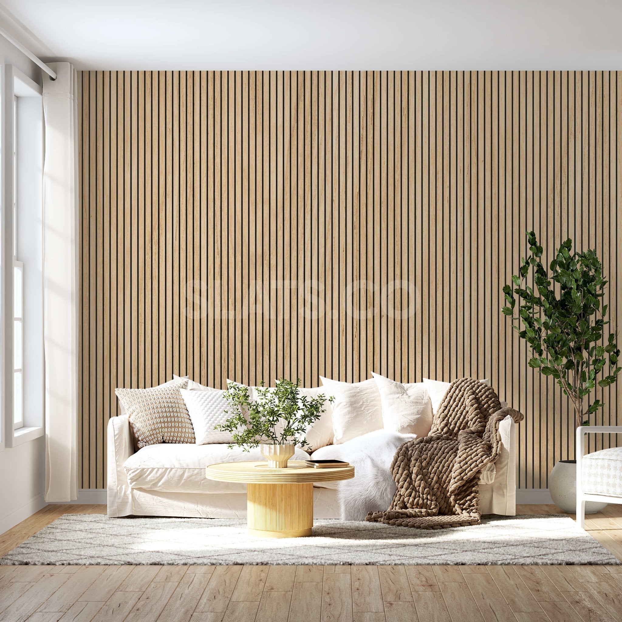 106" Tall ULTRALIGHT Flexible Lightweight White Oak Acoustic Wood Slat Wall Panels with Black Felt Backing