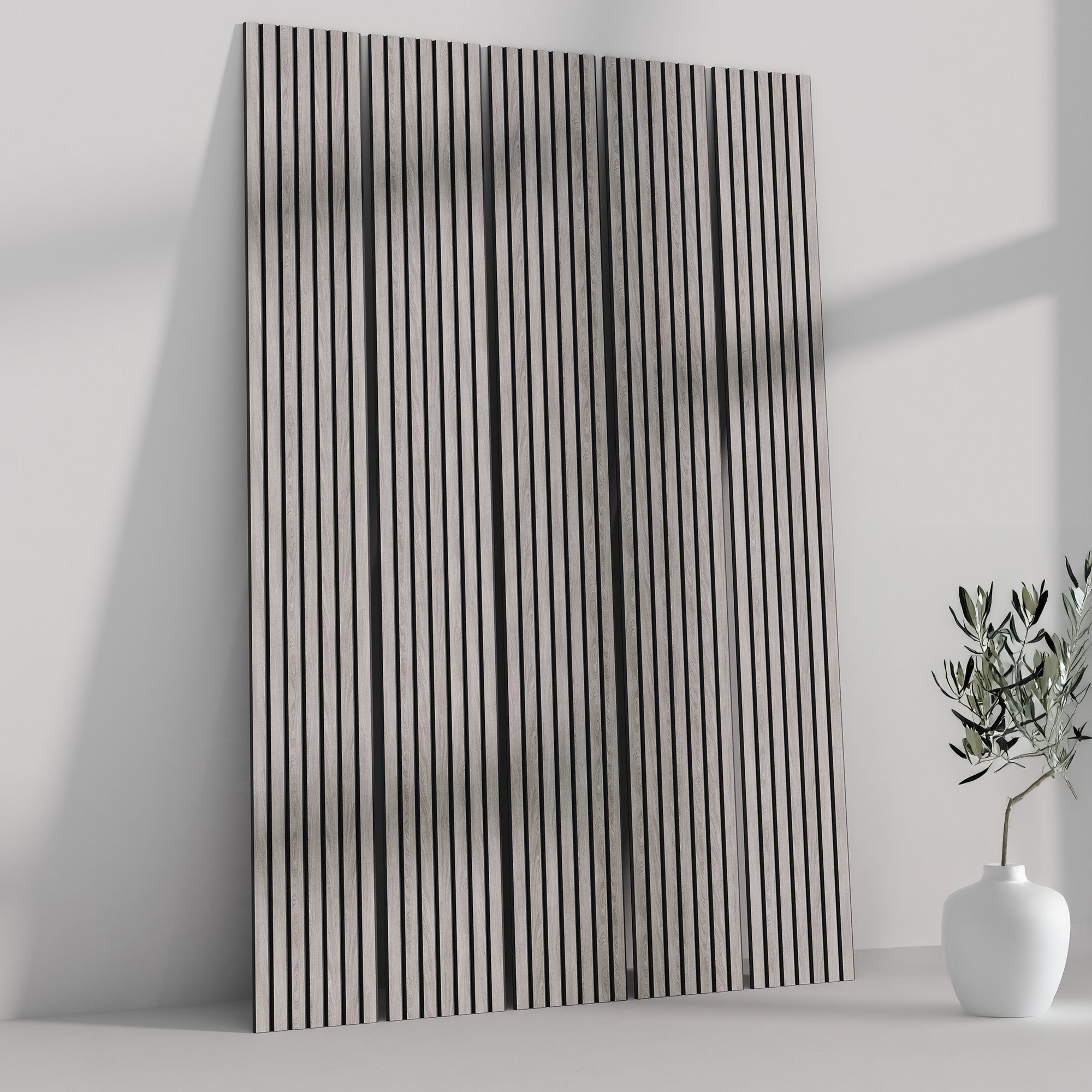 106" ULTRALIGHT Flexible Lightweight Grey Oak Acoustic Wood Slat Wall Panels with Black Felt Backing