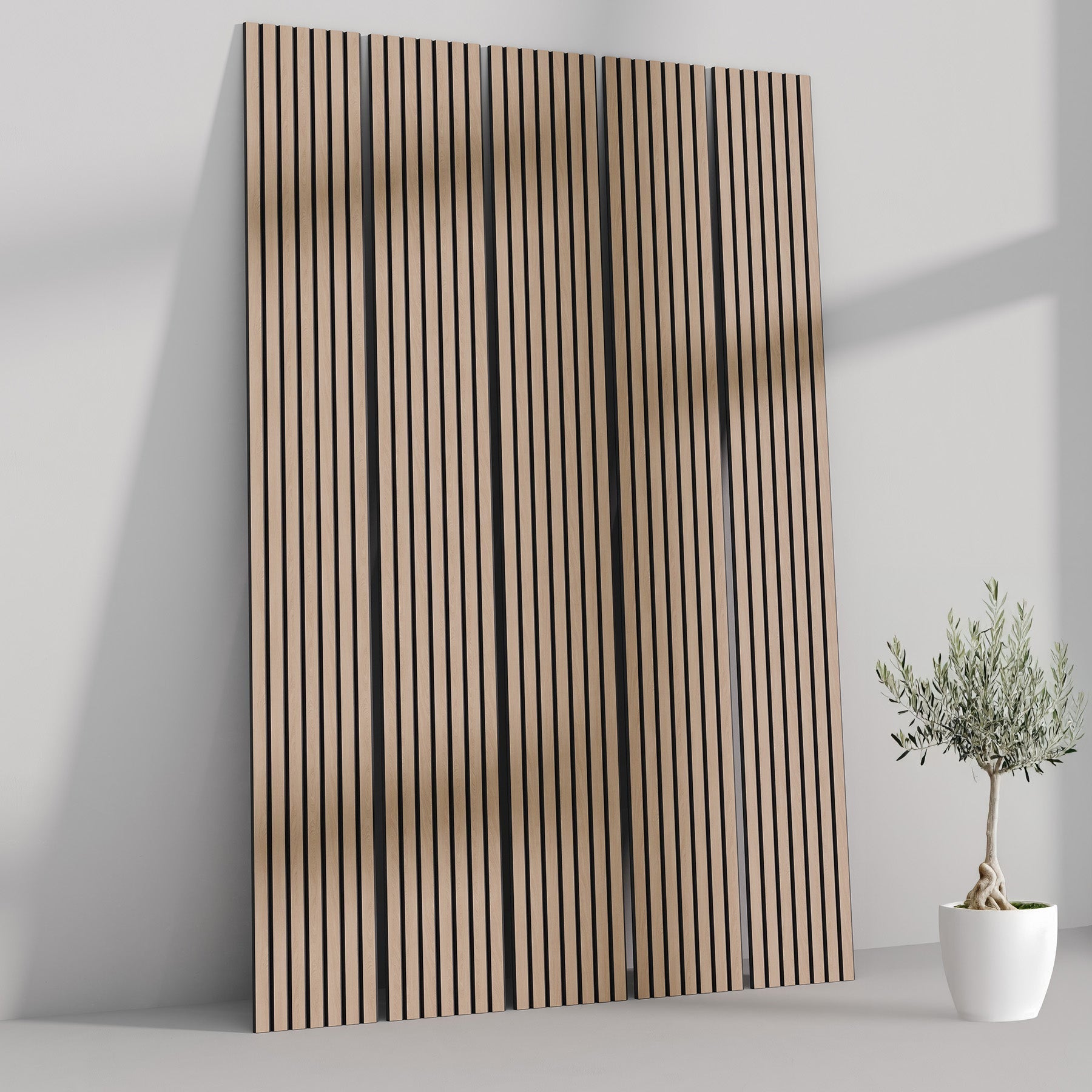 106" Tall ULTRALIGHT Flexible Lightweight White Oak Acoustic Wood Slat Wall Panels with Black Felt Backing