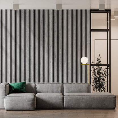 106" ULTRALIGHT Flexible Lightweight Grey Oak Acoustic Wood Slat Wall Panels with Black Felt Backing