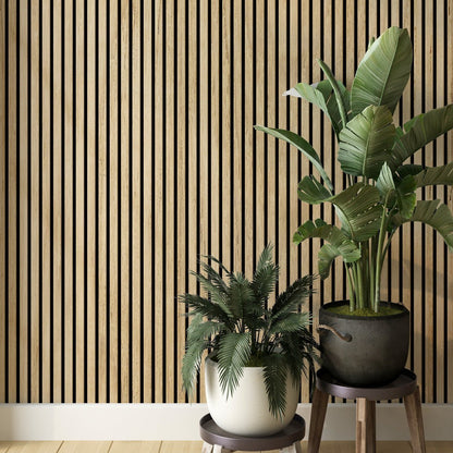 White Oak Acoustic Wood Slat Wall Tiles with Black Felt Backing
